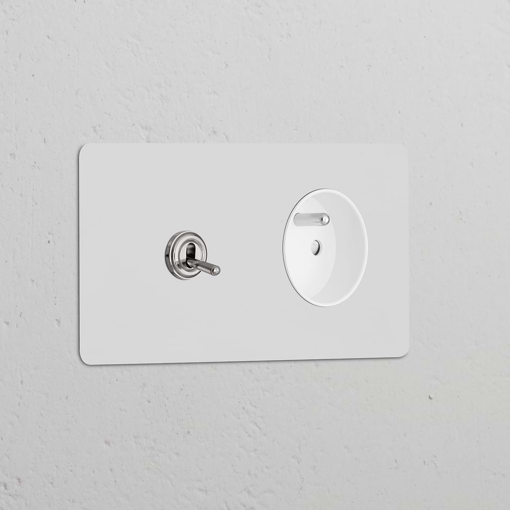 Double toggle switch with Type E power module, round design, polished nickel white, for sleek double sockets & modules.