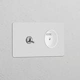 Double toggle switch with Type E power module, round design, polished nickel white, for sleek double sockets & modules.