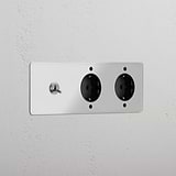 Triple Toggle & 2x Schuko Module Round - Clear Polished Nickel Black  