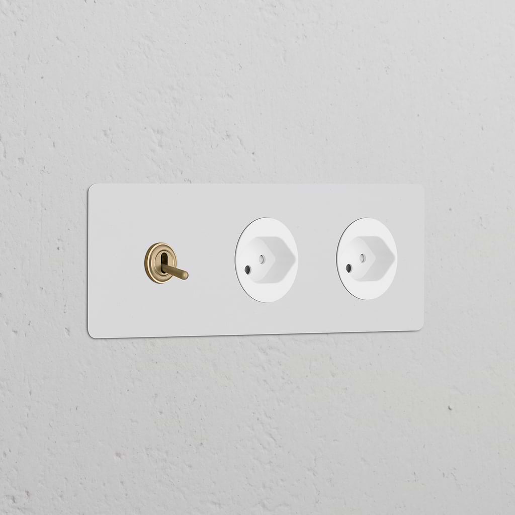 Triple Toggle Switch with 2x Swiss Type J Modules, Antique Brass White Finish - Paintable and Stylish Design.