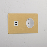 Double USB 30W & Schuko Module - Antique Brass White