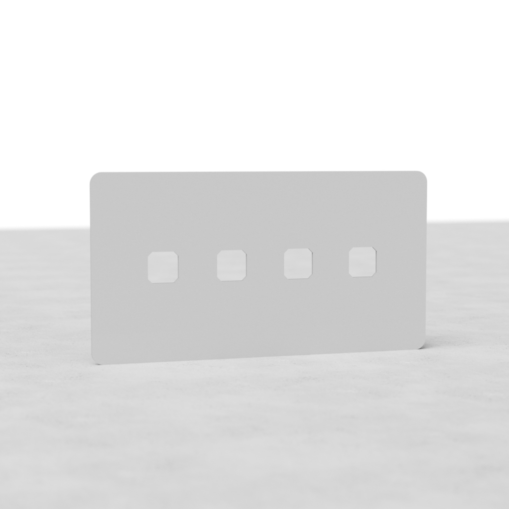 Paintable EU switch plate with four square cutouts, designed for double 4x switches.
