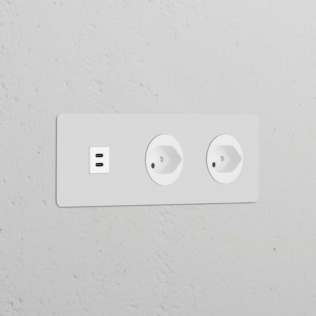 Round paintable white panel with Triple USB 30W & 2x Swiss Type J Power Module for versatile connectivity.