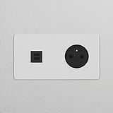 Black paintable Type E power module with round socket and double USB 30W ports on white background.