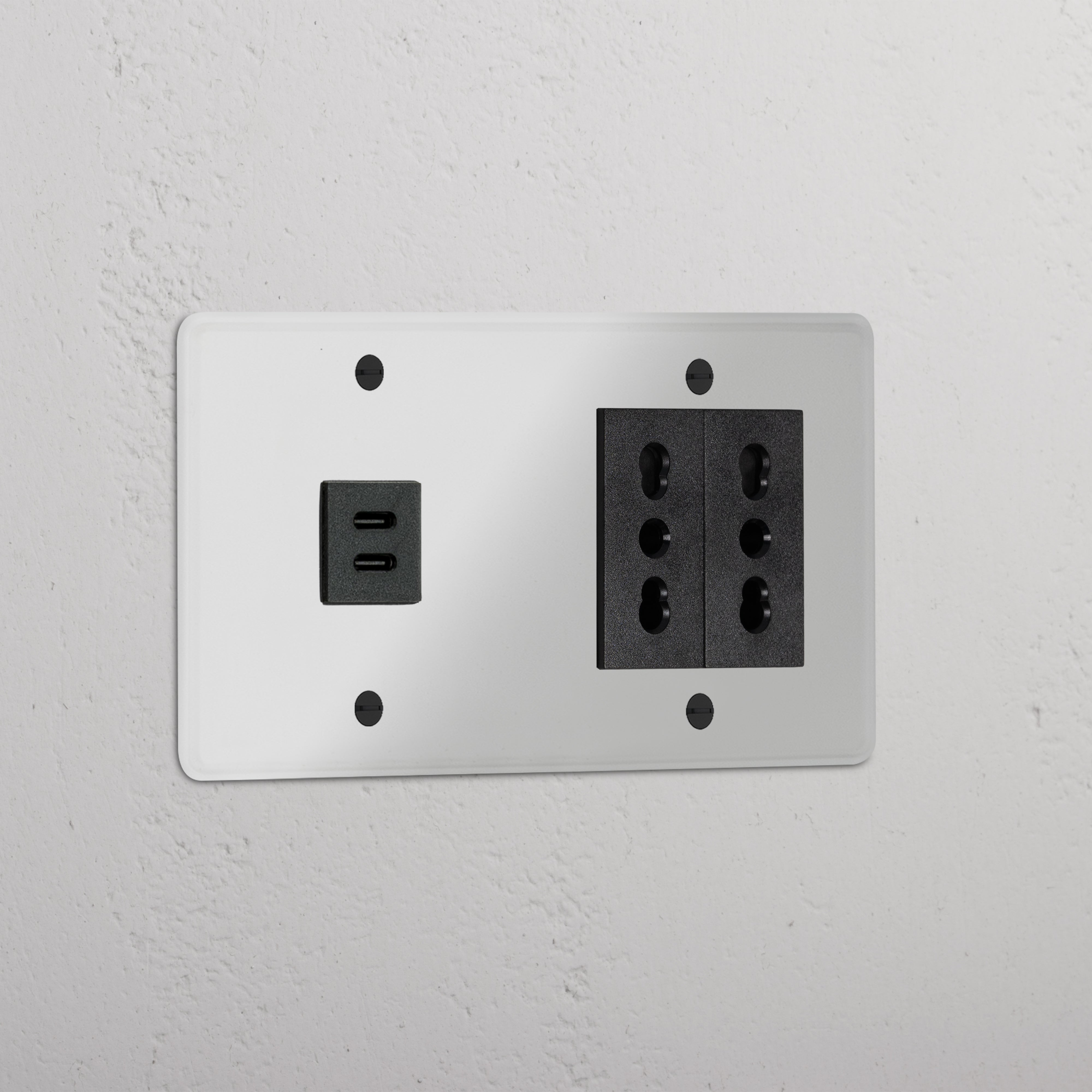 Double USB 30W & 2x Bipasso Module in clear black design, suitable for Double Sockets & Modules installation.
