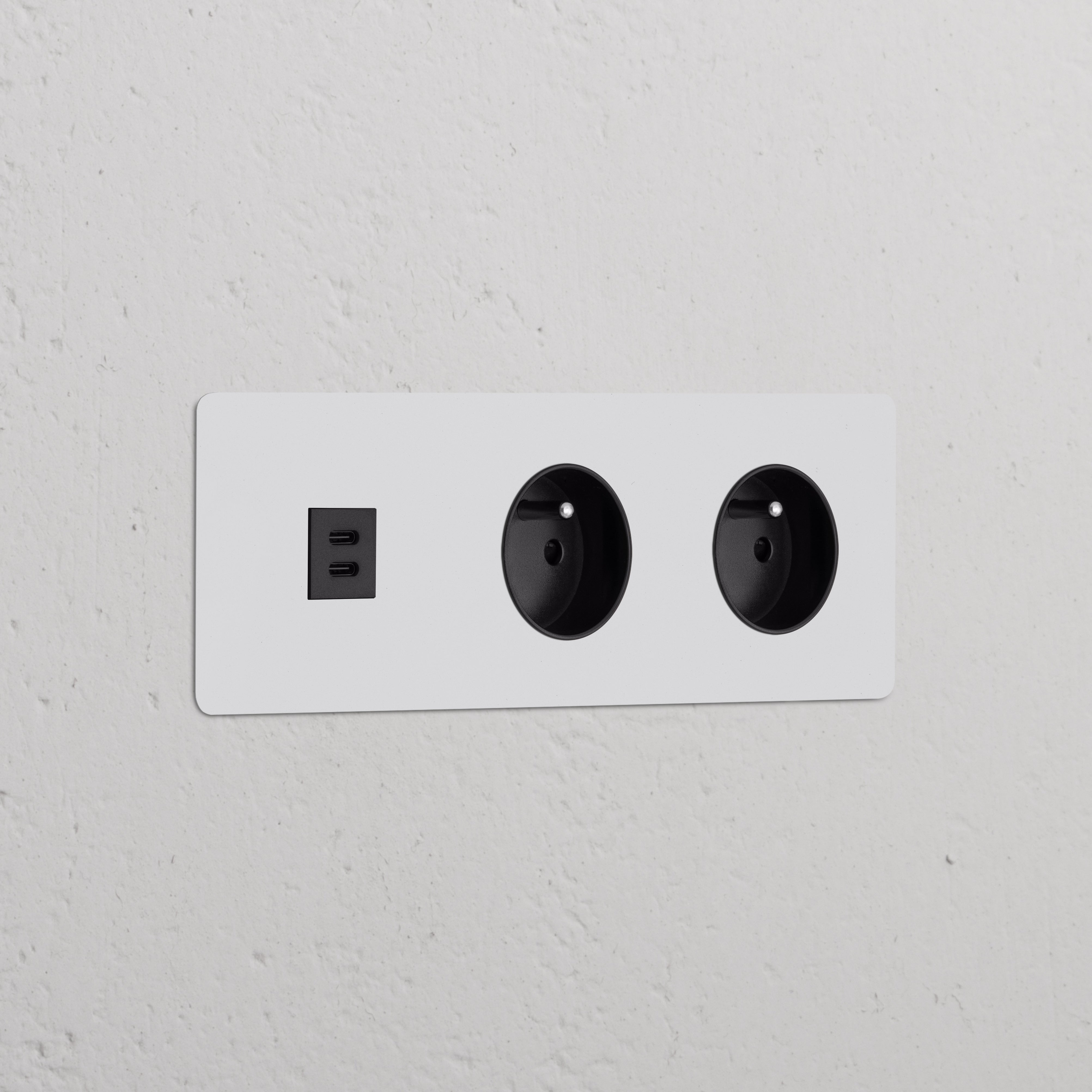 Round black module with 2 Type E sockets and triple USB 30W, paintable for custom finish in French/Belgian style.