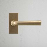 Apsley Short Plate Sprung Door Handle Antique Brass Finish on White Background Front Facing