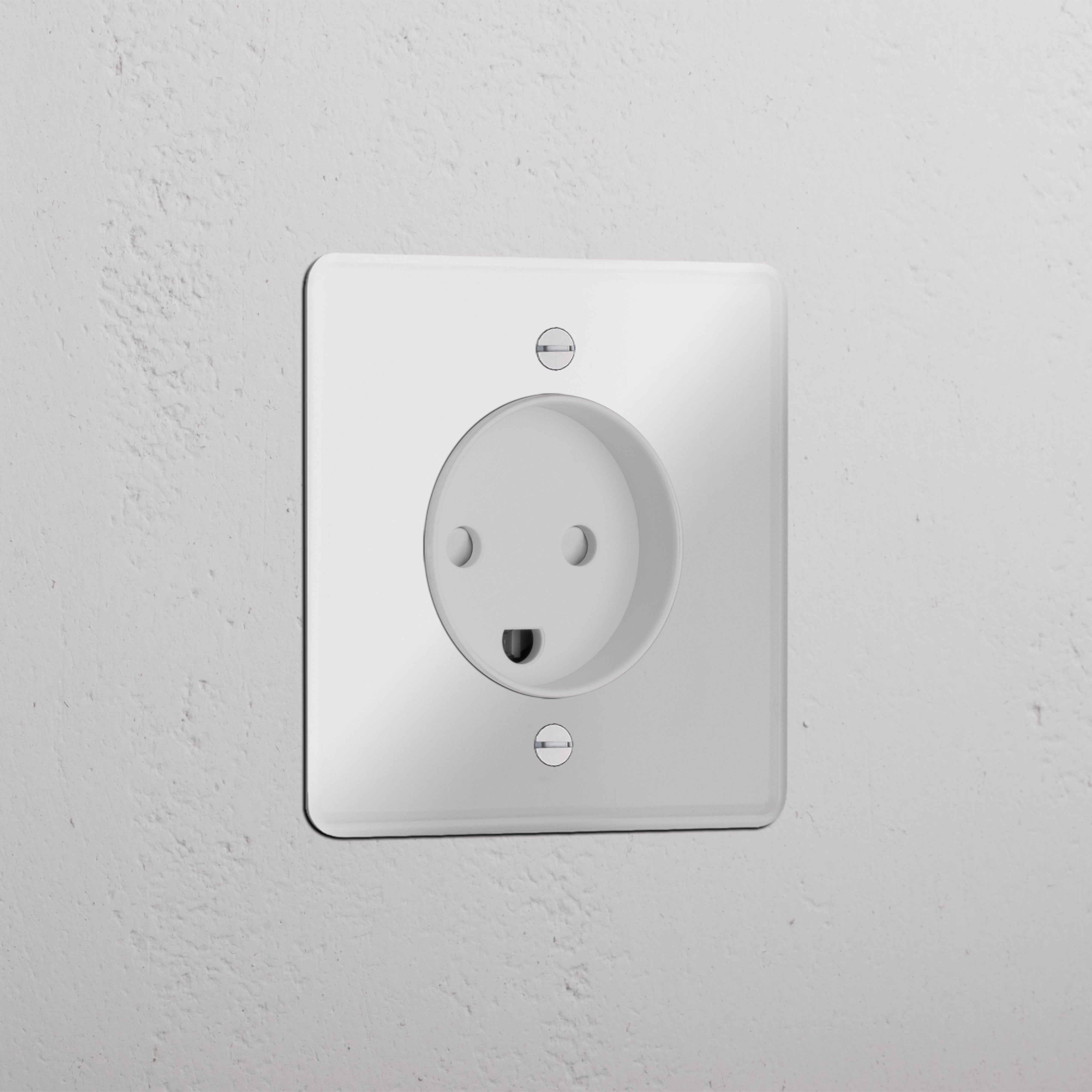Clear white Single Danish Module Round socket, designed for single sockets and modules, on a textured white wall.