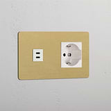 Double USB 30W & Schuko/Bipasso Module - Antique Brass White
