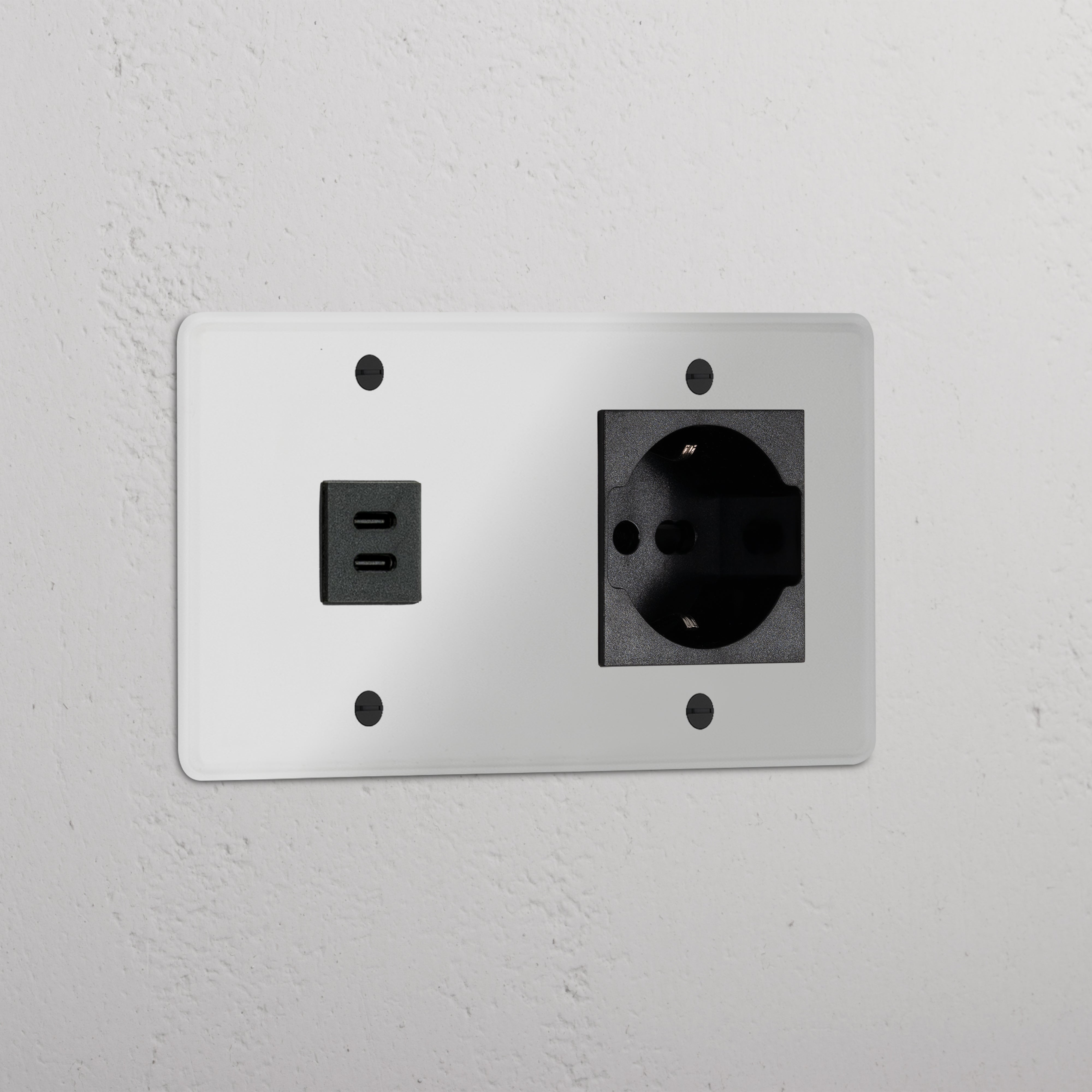 Clear Black Double USB 30W & Schuko/Bipasso Module for power and charging in one elegant unit.