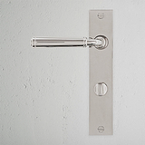 Digby Long Plate Sprung Door Handle & Thumbturn Polished Nickel Finish on White Background right Facing, Front View