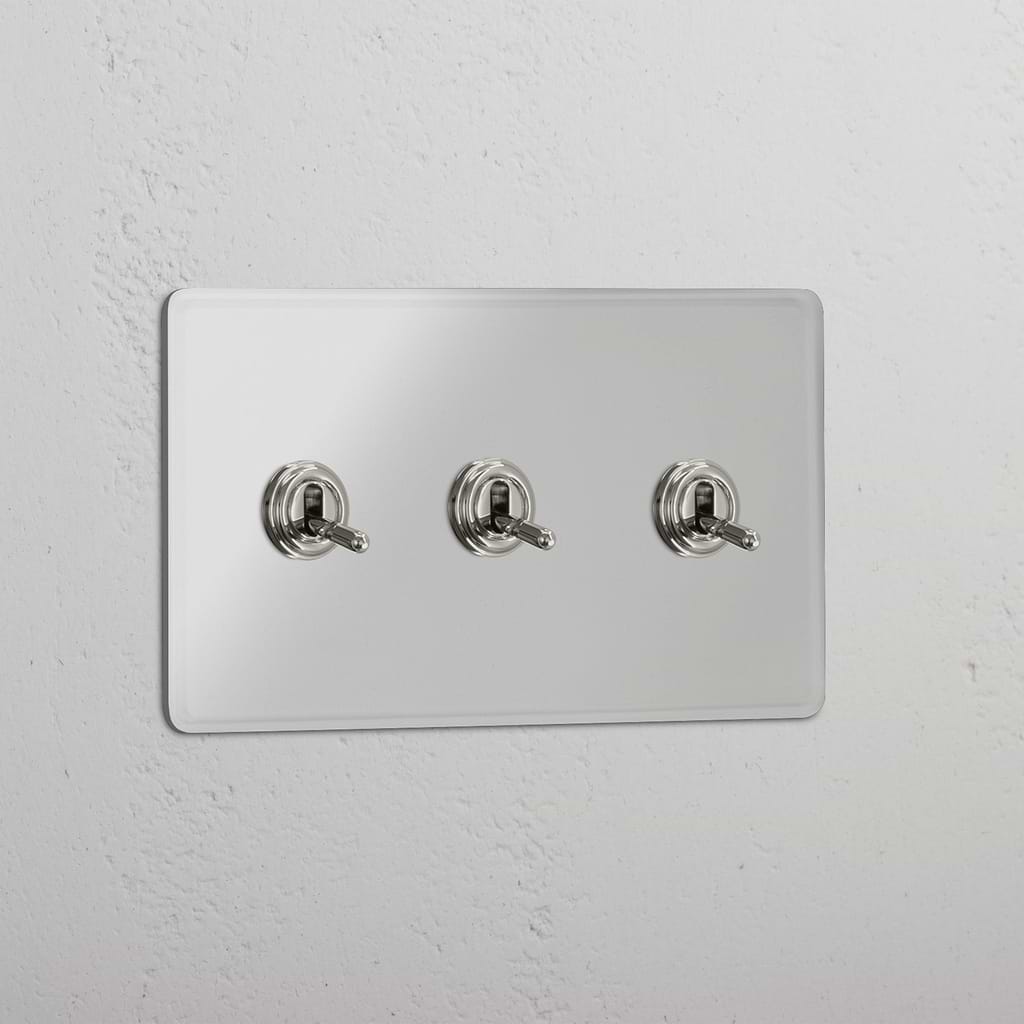 Triple Toggle Switch in Clear Polished Nickel - Functional Light Control Accessory
