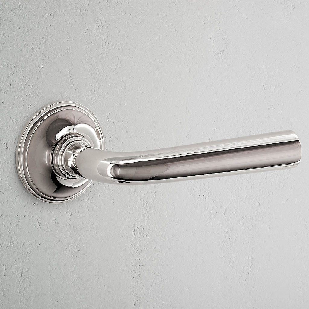 Apsley Unsprung Door Handle Polished Nickel Finish on White Background