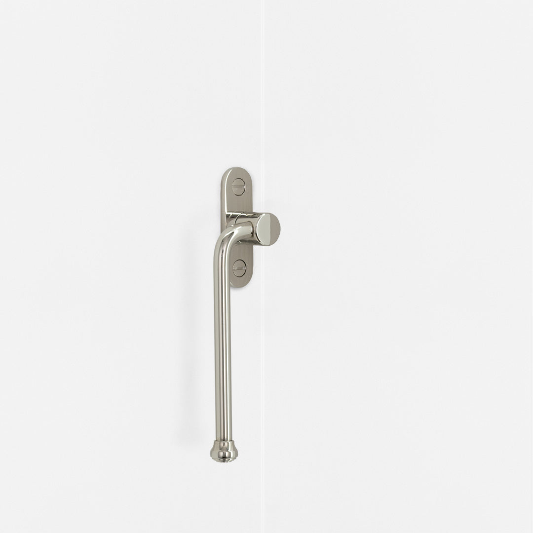 Left Southbank Casement Window Handle Polished Nickel Finish on White Background