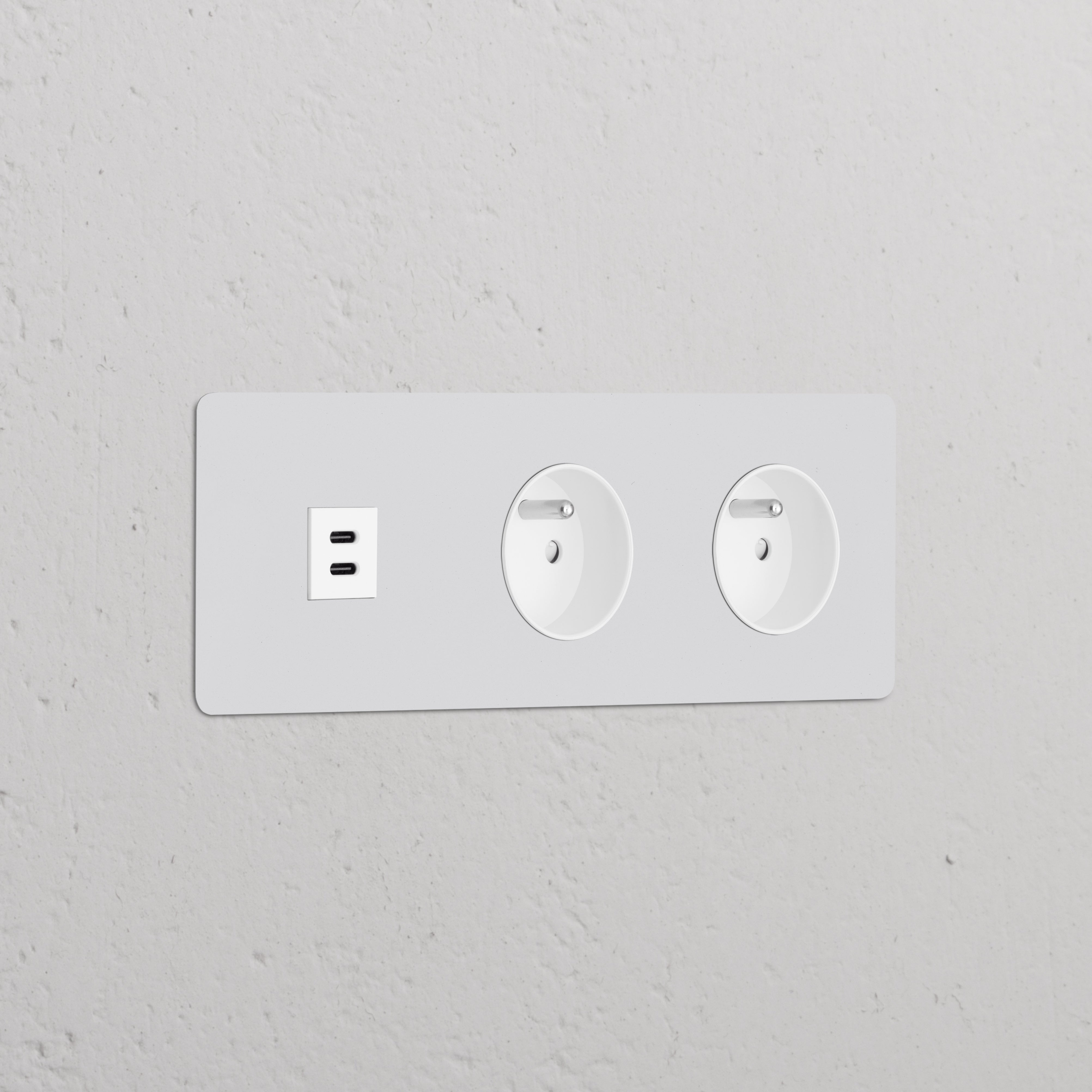 Paintable white module with two Type E sockets and triple 30W USB for versatile charging.