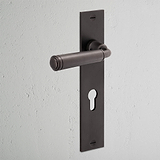 Digby Long Plate Sprung Door Handle & Euro Lock Bronze Finish on White Background at an Angle