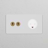 Double 2x toggle switch with Danish Type K power module in paintable antique brass white finish.