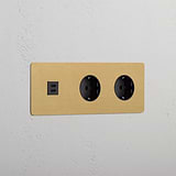 Triple USB 30W & 2x Schuko Module - Antique Brass Black