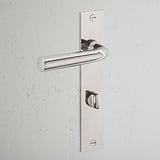 Apsley Long Plate Sprung Door Handle & Thumbturn Polished Nickel Finish on White Background at an Angle