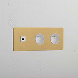 Triple USB 30W & 2x French Module - Antique Brass White