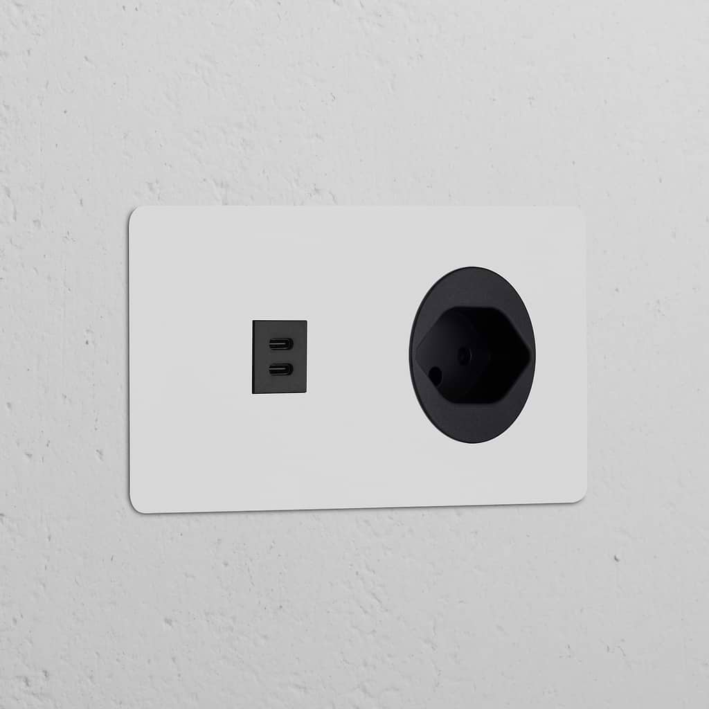 Sleek Double USB 30W & Swiss Type J Power Module in round, paintable black design for wall sockets & modules.