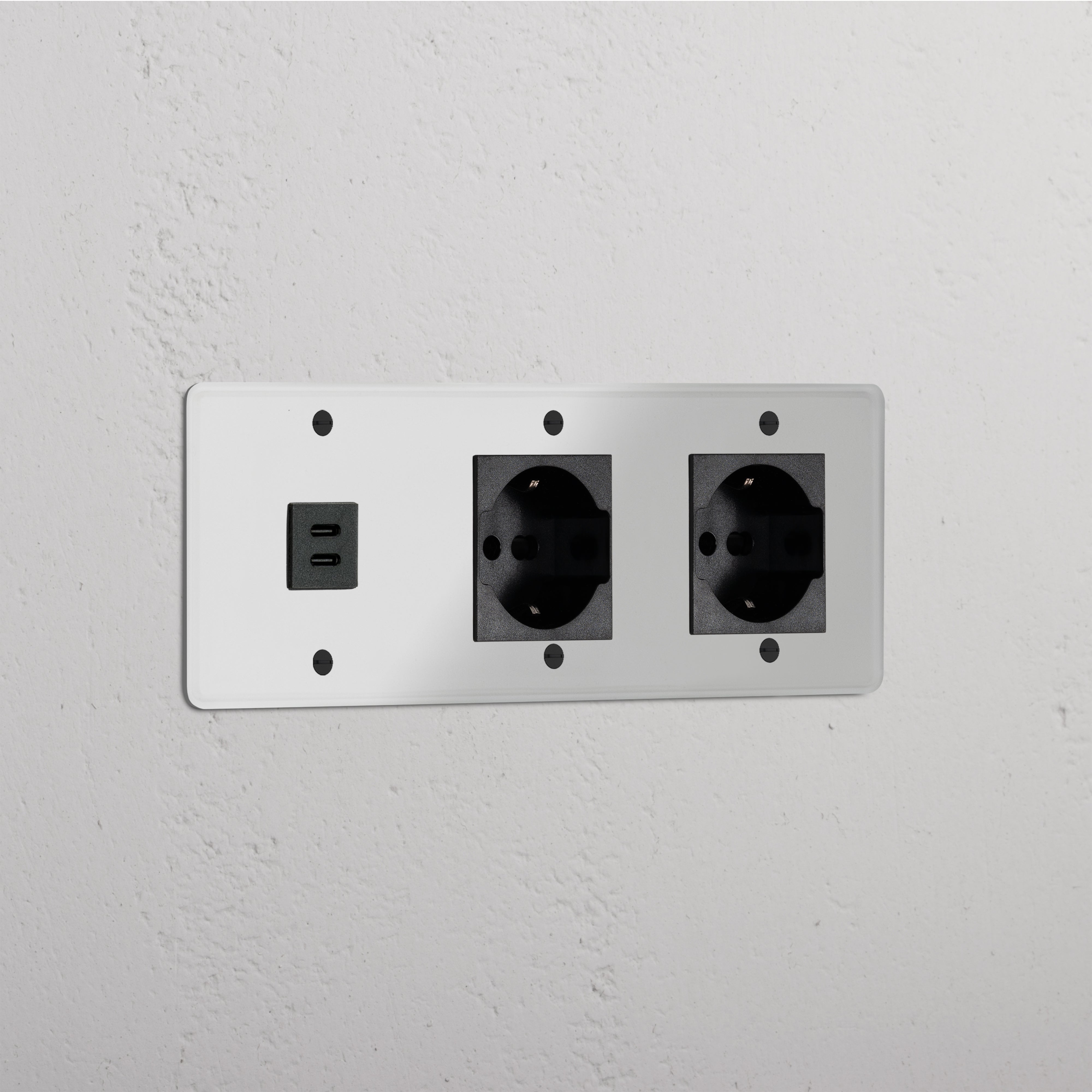 Clear Black wall-mounted module with Triple USB 30W port and dual Schuko/Bipasso sockets.