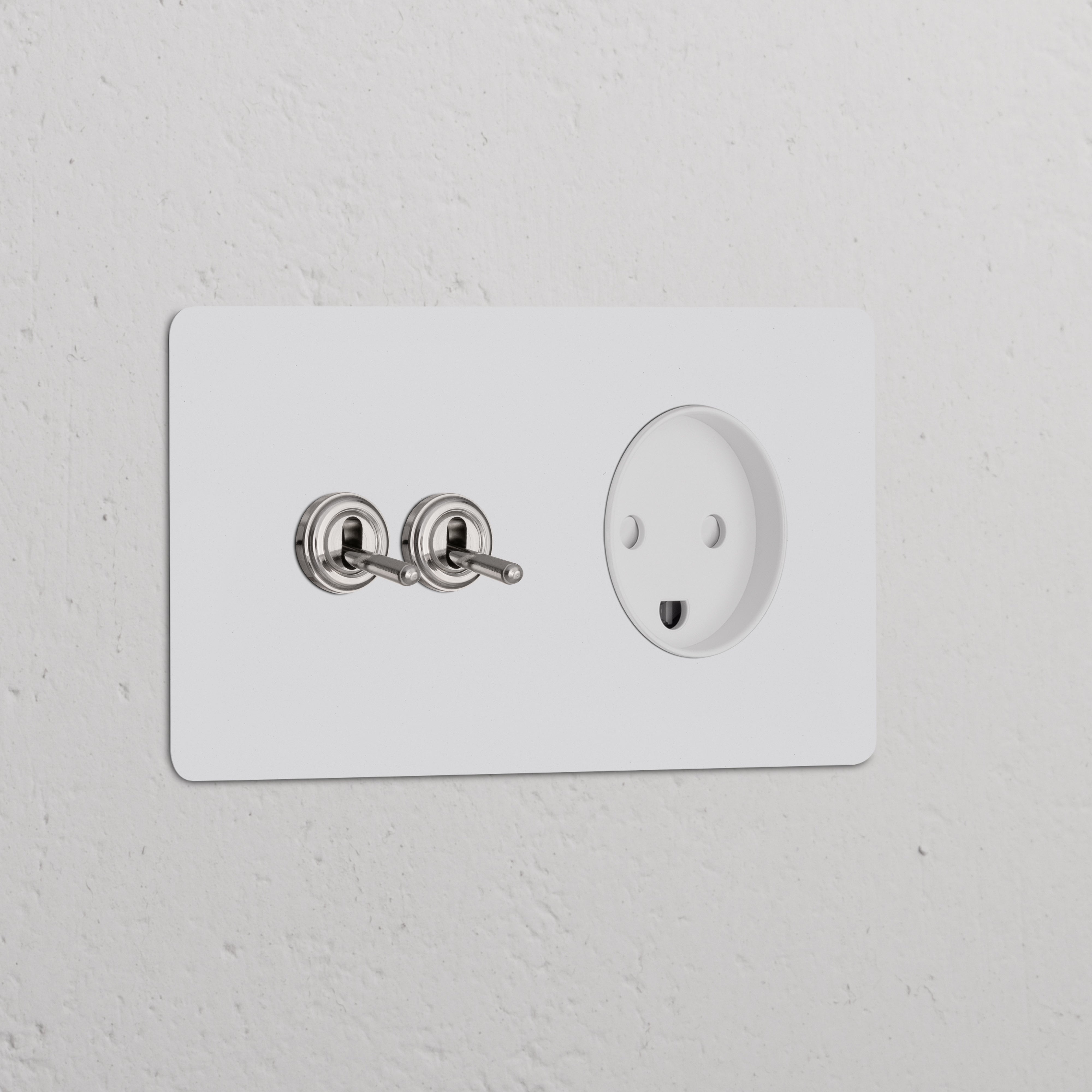 Double 2x toggle switch + Danish Type K module with paintable polished nickel, in white for sockets & modules.