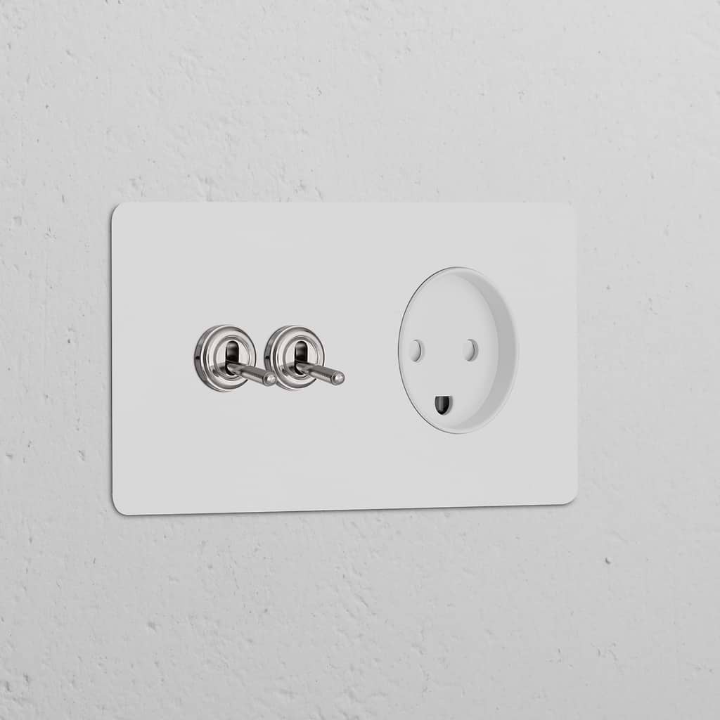 Double 2x toggle switch + Danish Type K module with paintable polished nickel, in white for sockets & modules.