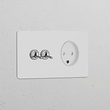 Double 2x toggle switch + Danish Type K module with paintable polished nickel, in white for sockets & modules.