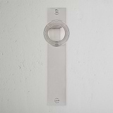 Poplar Long Plate Sprung Door Knob Polished Nickel Finish on White Background right Facing Front View