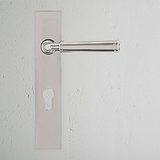 Digby Long Plate Sprung Door Handle & Euro Lock Polished Nickel Finish on White Background Front Facing