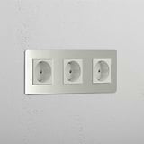 High Capacity Schuko Standard Power Outlet: Triple 3x Schuko Module in Polished Nickel White