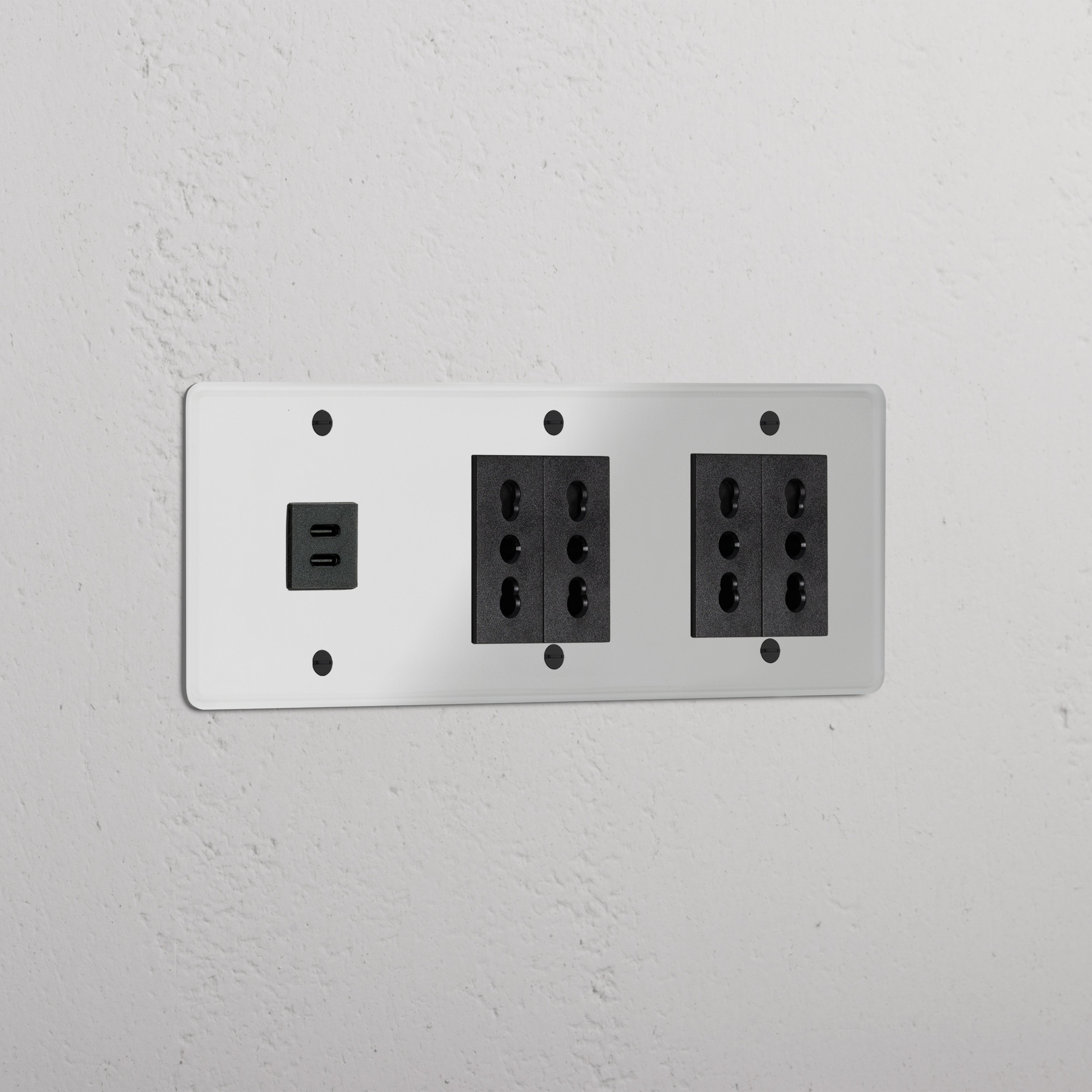 Triple Sockets & Modules in clear black with triple USB 30W and 4x Bipasso Module configuration.