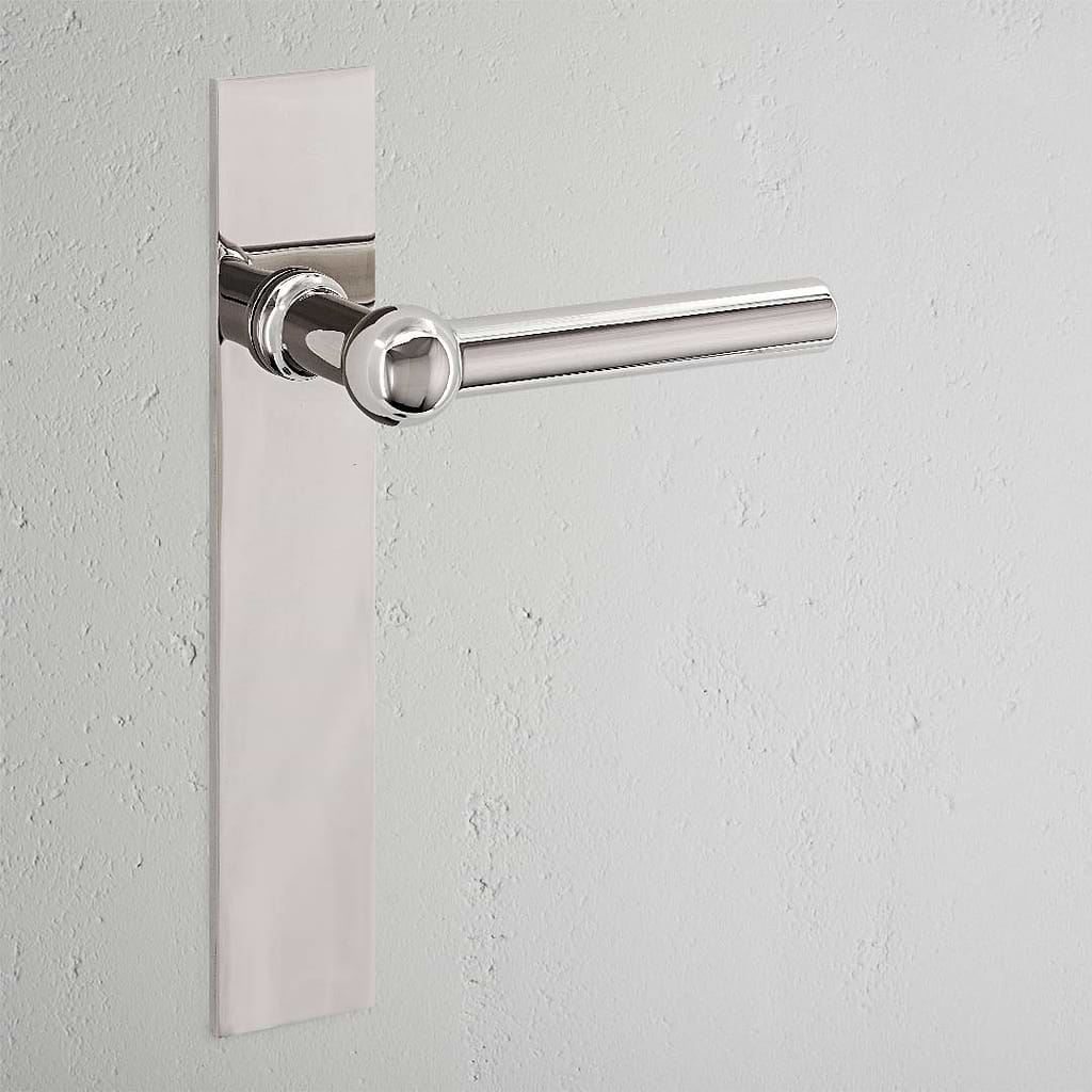 Harper Long Plate Fixed Door Handle Polished Nickel Finish on White Background 