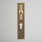 Harper T-Bar Long Plate Sprung Door Handle & Euro Lock Antique Brass Finish on White Background Front Facing