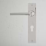 Harper Long Plate Sprung Door Handle & Euro Lock Polished Nickel Finish on White Background right Facing Front View