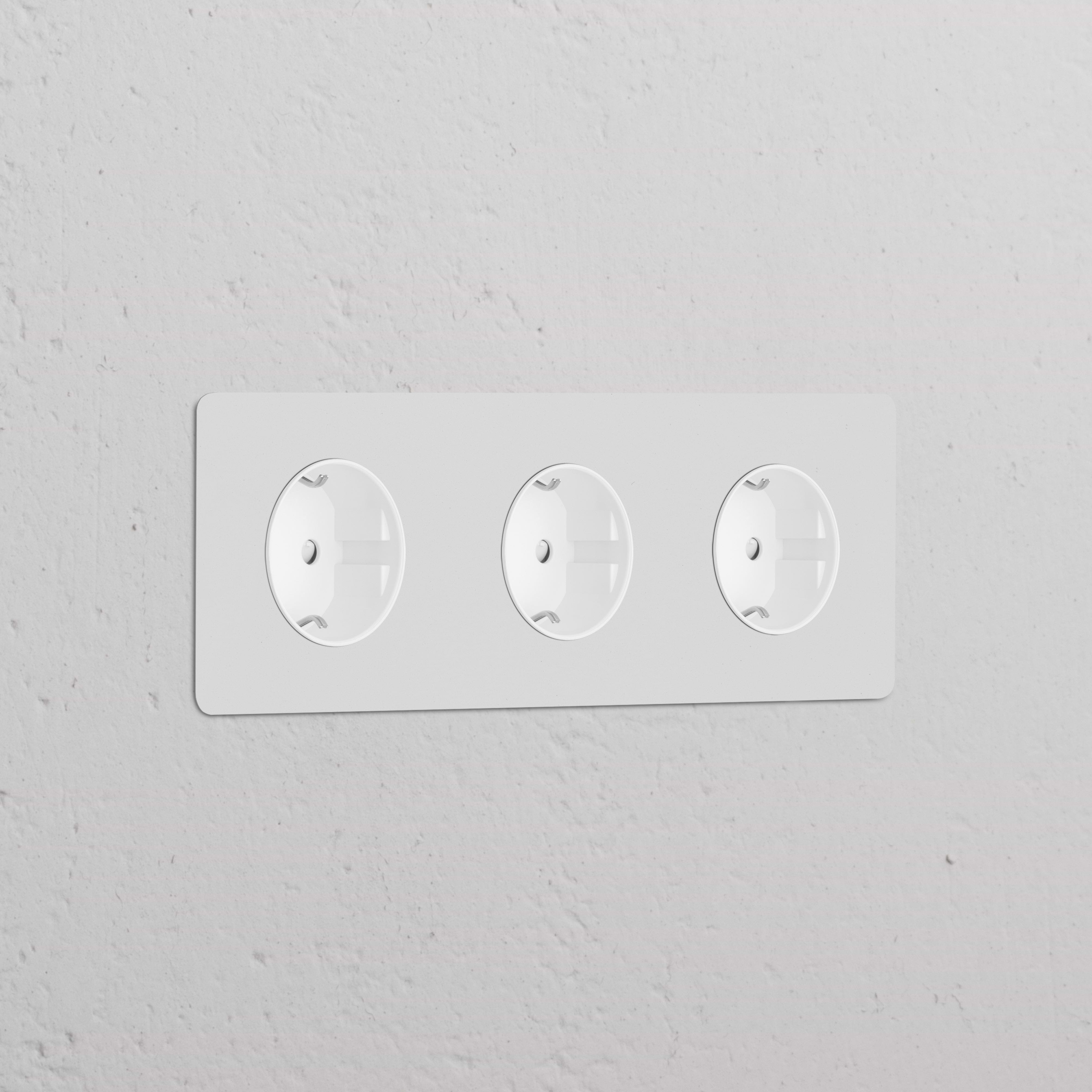 Triple Schuko Type F power module, paintable white, for seamless integration; suitable for three devices.