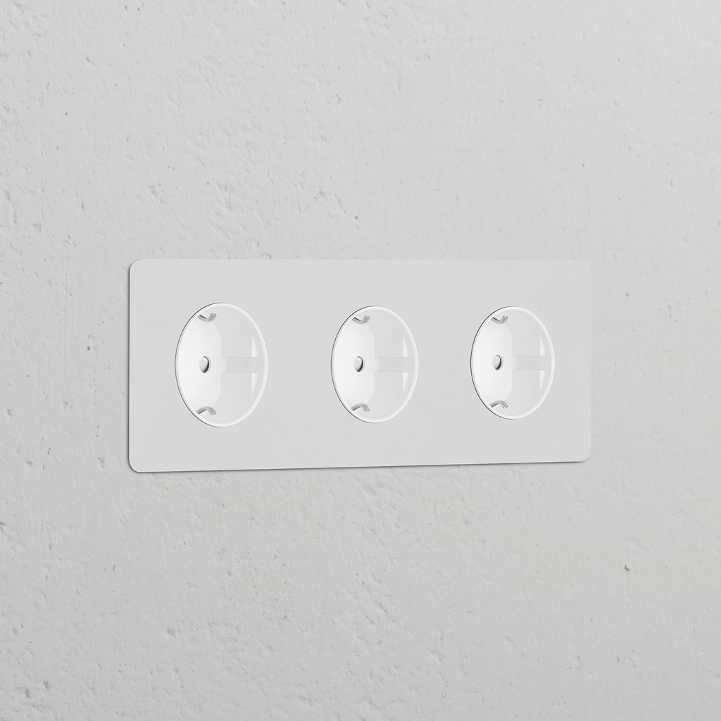 Triple Schuko Type F power module, paintable white, for seamless integration; suitable for three devices.