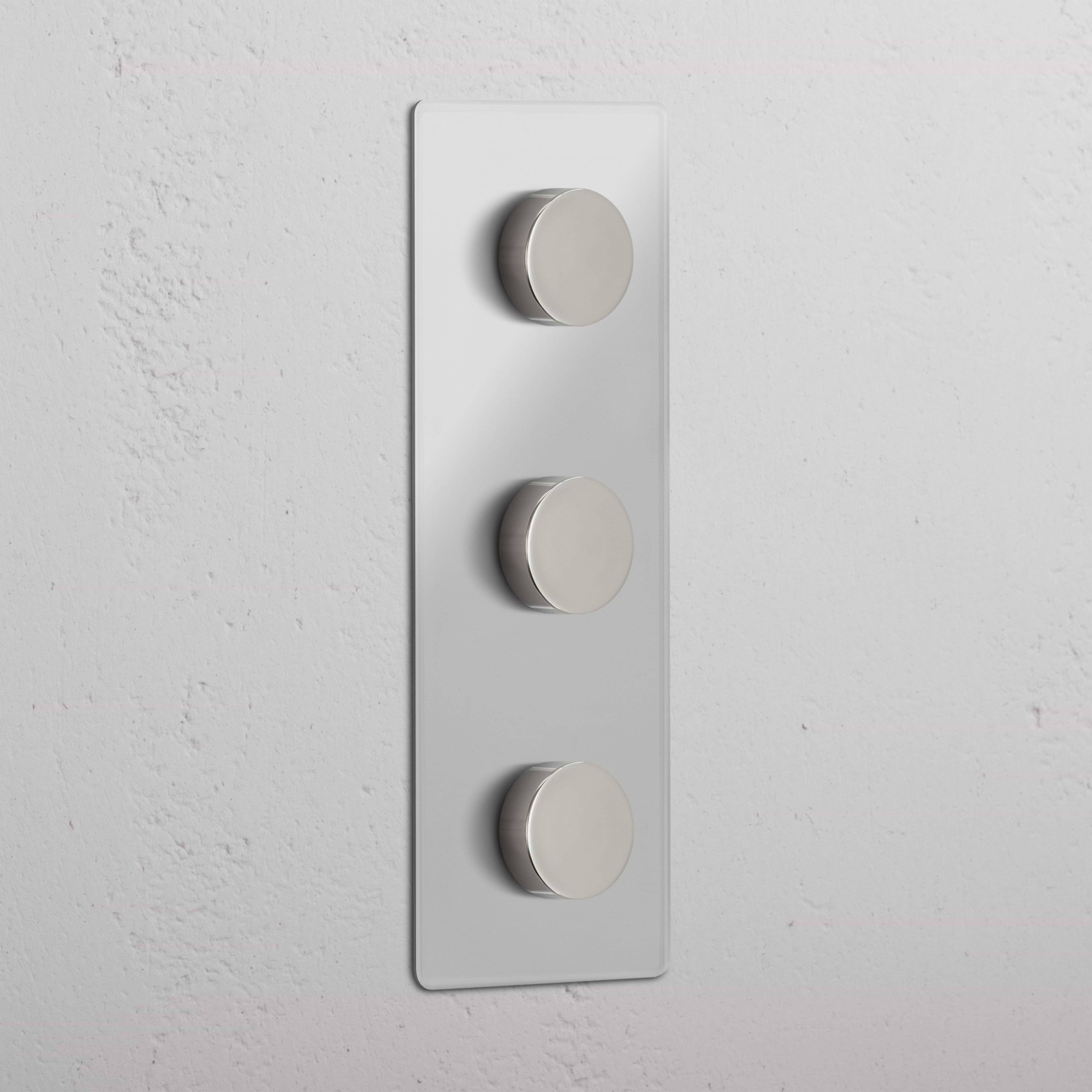 Triple 3x Vertical Multiway Dimmer Switch with three round knobs on a clear polished nickel plate.