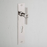 Harper T-Bar Long Plate Sprung Door Handle & Euro Lock Polished Nickel Finish on White Background at an Angle