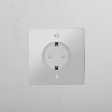 Clear White Single Schuko Module Round wall socket on a textured background.
