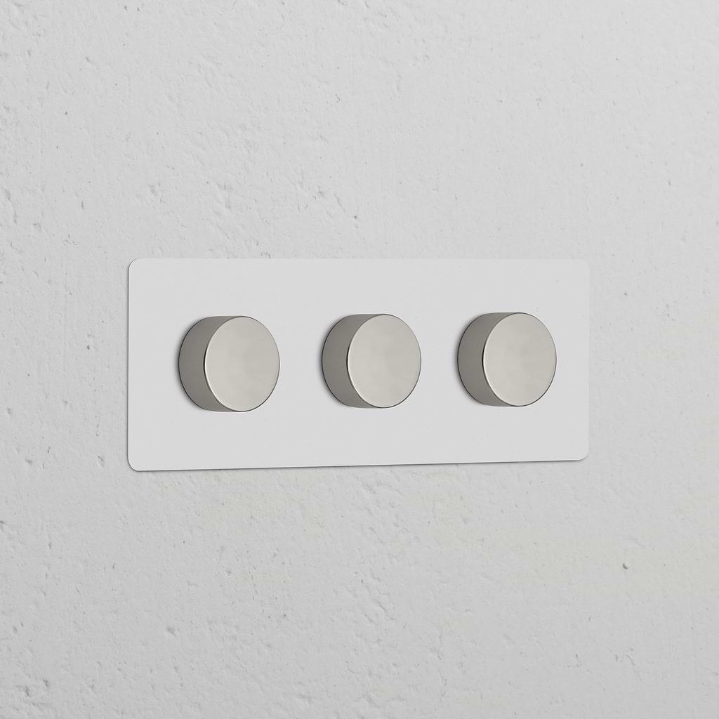 Triple 3x Dimmer Switch, paintable polished nickel wall plate with three round knobs, for lighting control.