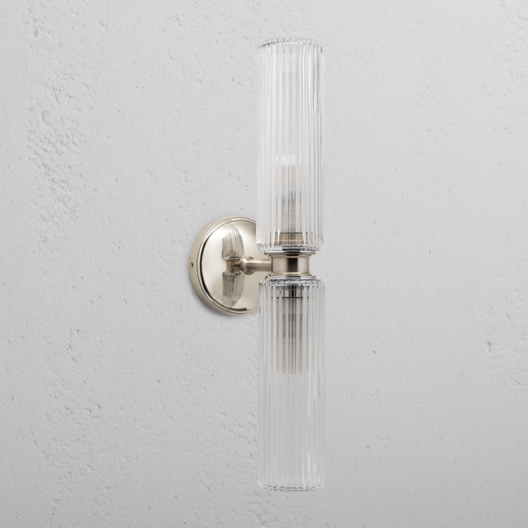 Claremont Medium Wall Light Fluted Glass Polished Nickel Finish on White Background