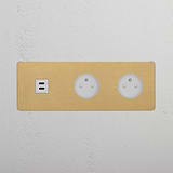 Triple USB 30W & 2x French Module Round - Antique Brass White