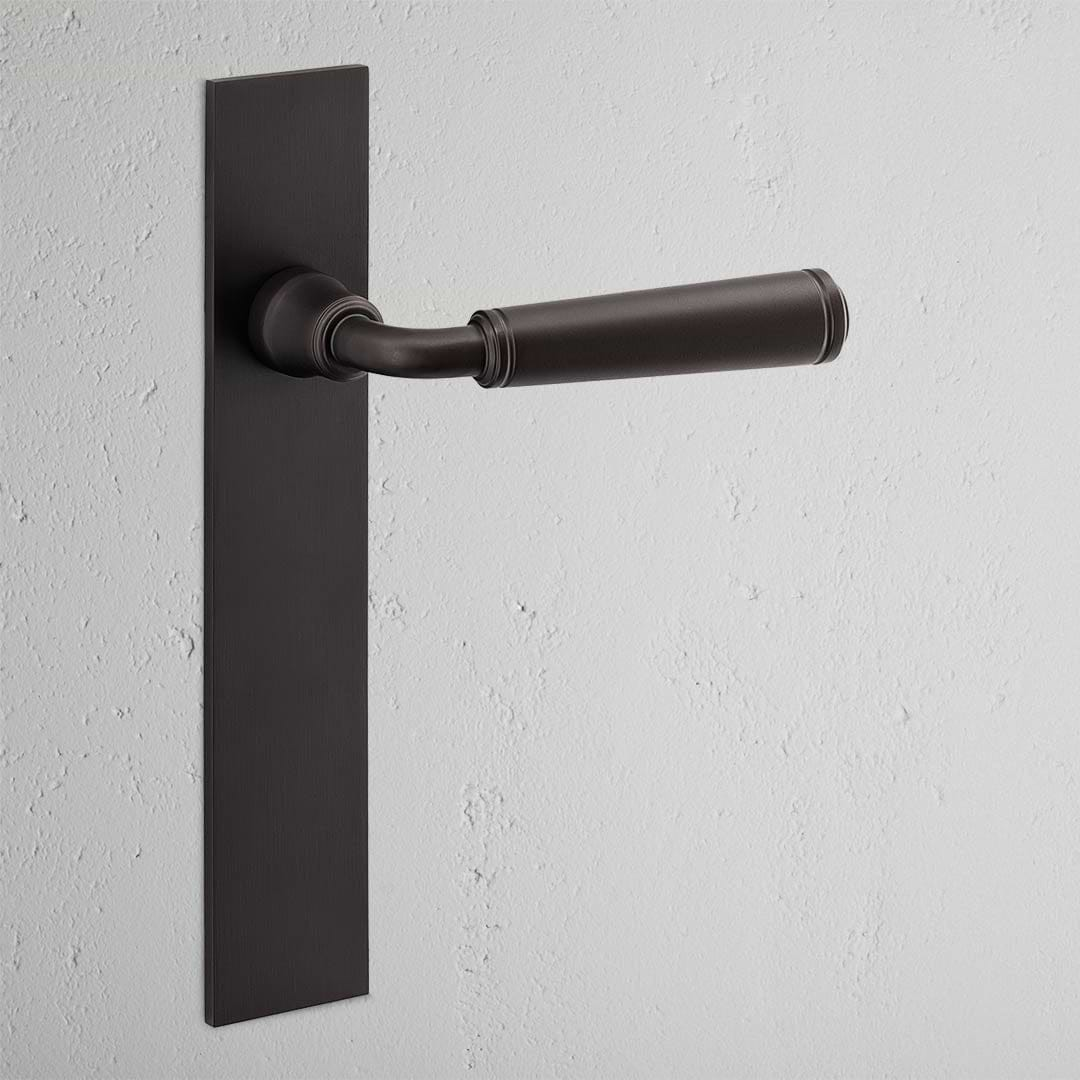 Digby Long Plate Sprung Door Handle Bronze Finish on White Background