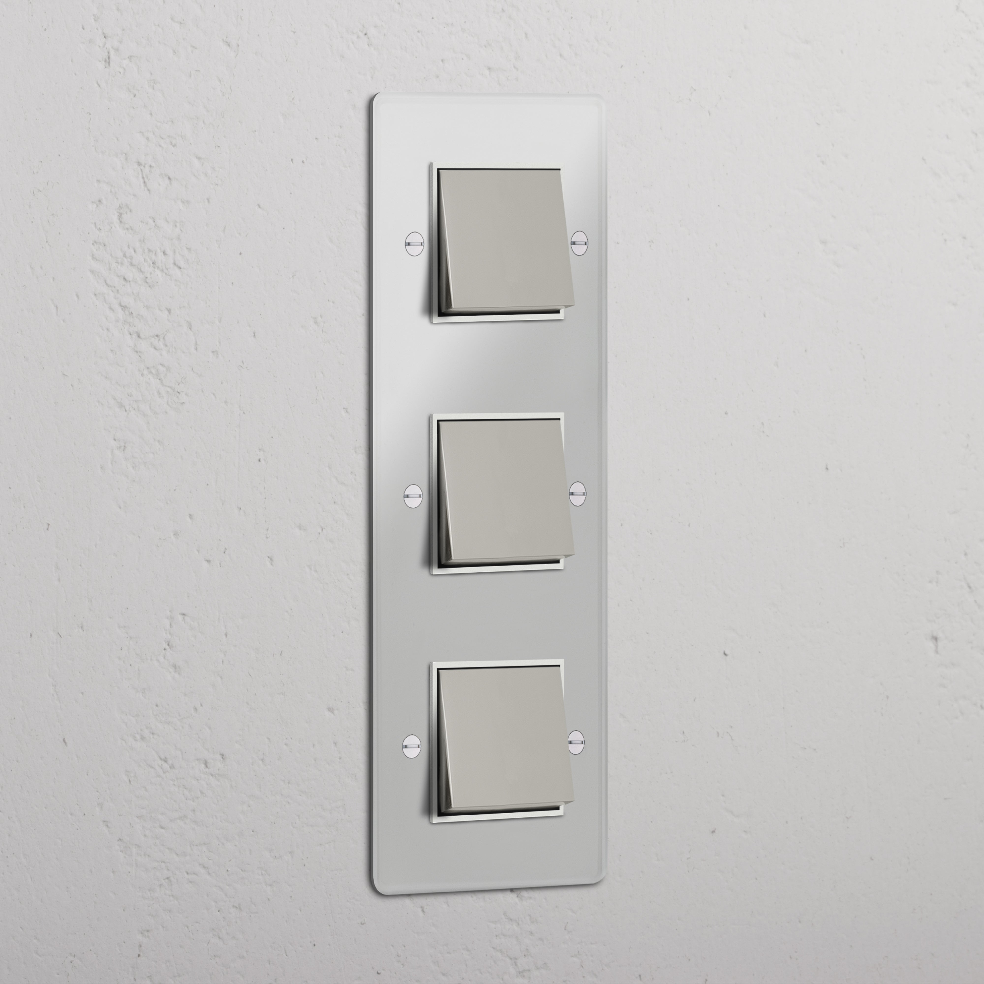 Vertical Triple Rocker Switch in Clear Polished Nickel White - Space-Saving Lighting Control System