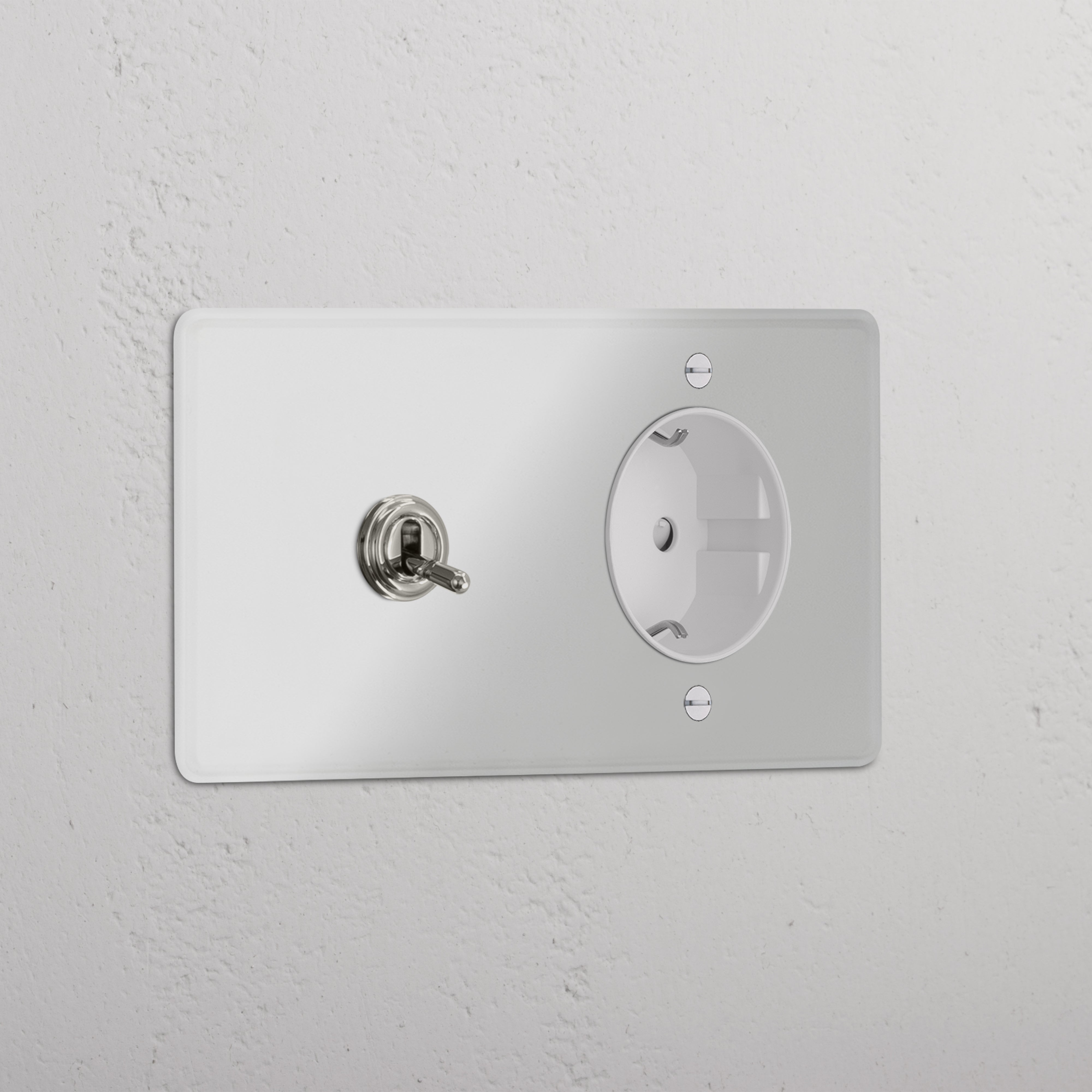 Double Toggle & Schuko Module Round - Clear Polished Nickel White 