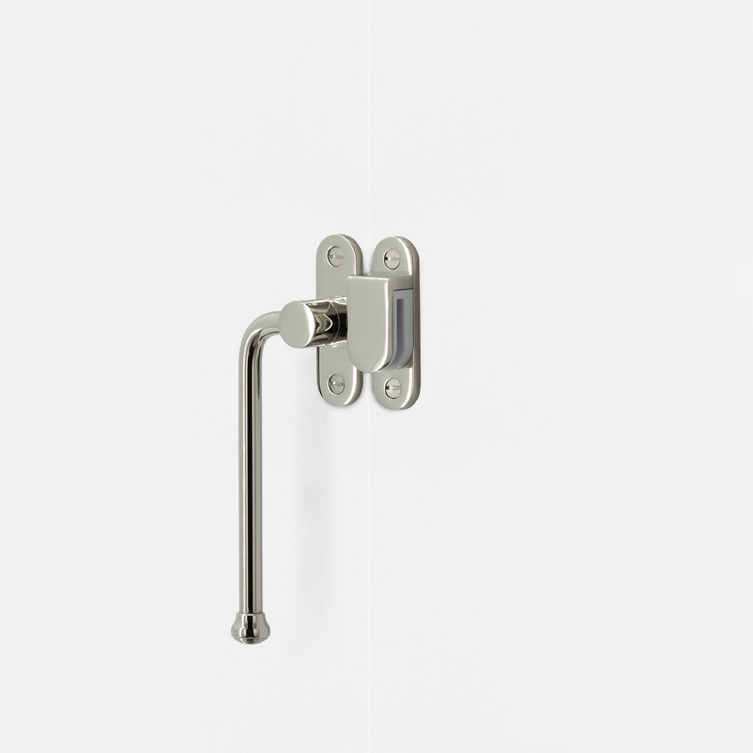 Left Southbank External Casement Window Handle Polished Nickel Finish on White Background  