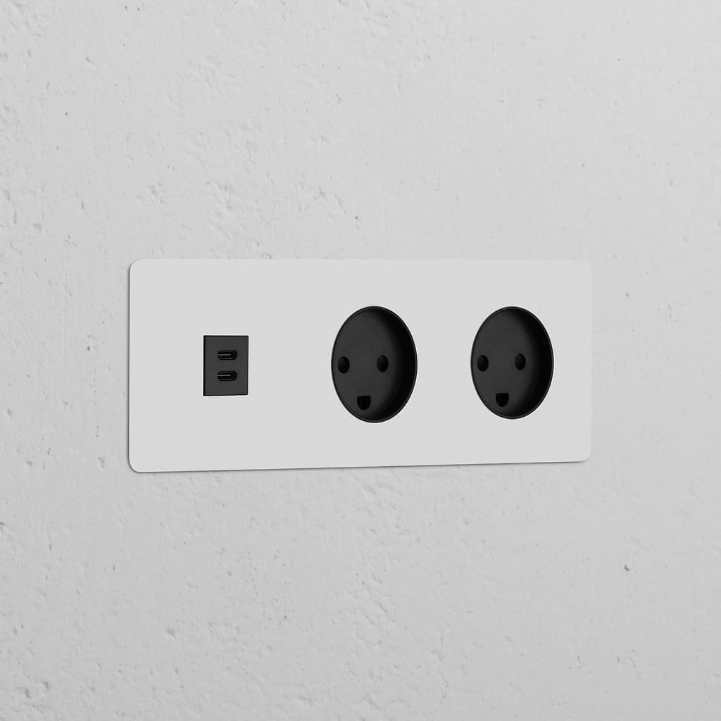 Triple USB 30W & 2x Danish Type K power module in paintable black. Ideal for modern spaces and enhanced functionality.'