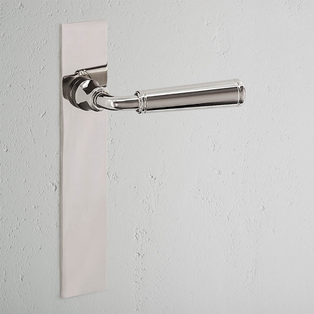 Digby Long Plate Fixed Door Handle Polished Nickel Finish on White Background